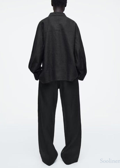 Casual Black Oversized Linen Shirts Fall