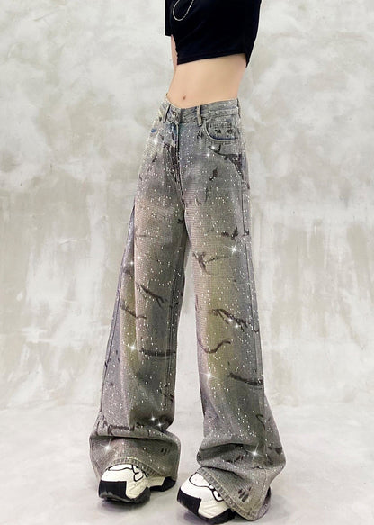 Fashion Blue Pockets Zircon High Waist Denim Pants Fall