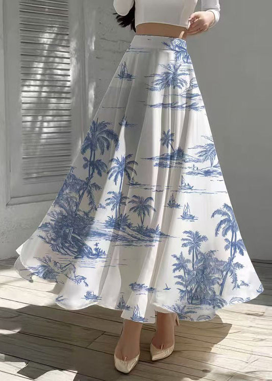 Ethnic Style White Print Exra Large Hem Chiffon Skirt Summer