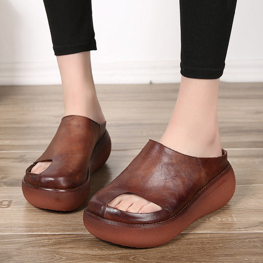 2022 Retro Women Leather Wedge Slippers