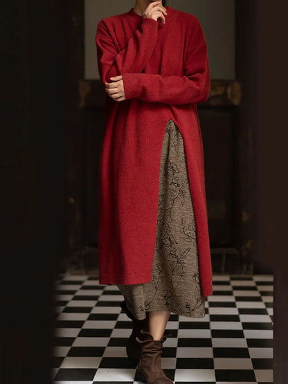 Women Winter Artsy Split Hem Solid Long Sweater Dress