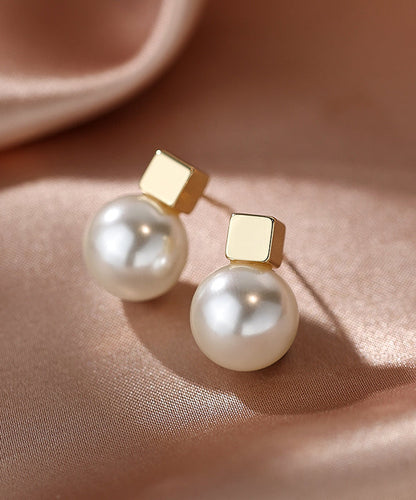 Women Champagne Copper Alloy Pearl Stud Earrings