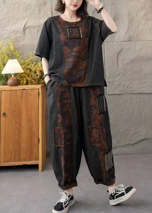 Vintage Navy Patchwork Applique Denim Two Pieces Set Oversized Summer