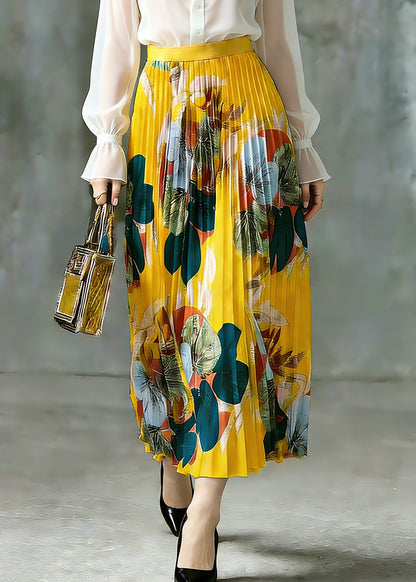 Boho Yellow Elastic Waist A Line Skirt Spring