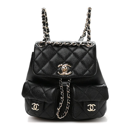 Shiny Caviar Quilted Small Duma Pockets Drawstring Backpack Black