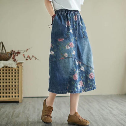 Retro Floral Loose Casual Patchwork Denim Skirt