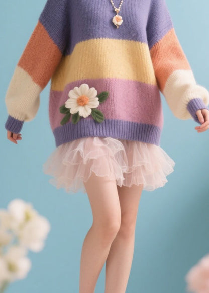Boutique Colorblock O Neck Floral Knit Sweaters Fall