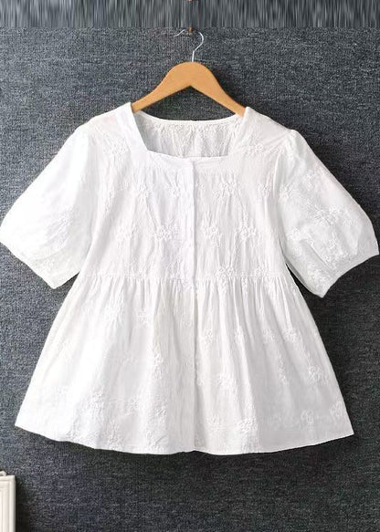 DIY Apricot Square Collar Embroidered Cotton Tops Summer