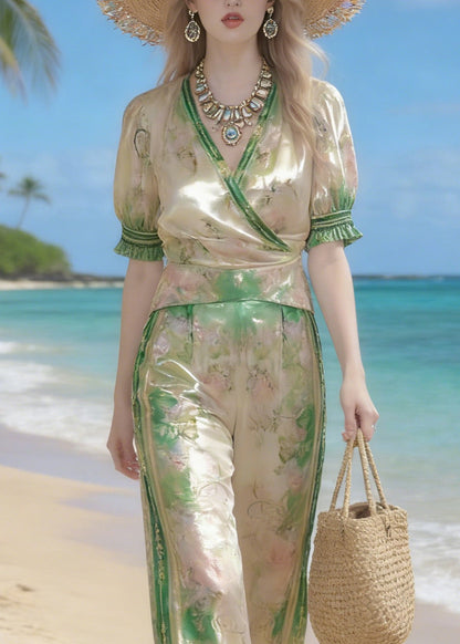 New V Neck Print Top And Pants Silk Two Pieces Set Summer