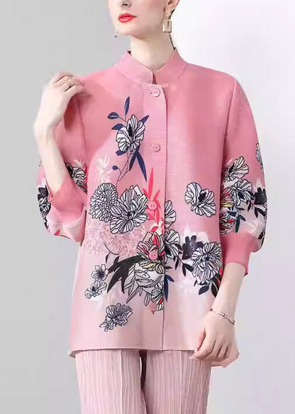 Beautiful Pink Stand Collar Print Button Silk Coats Fall