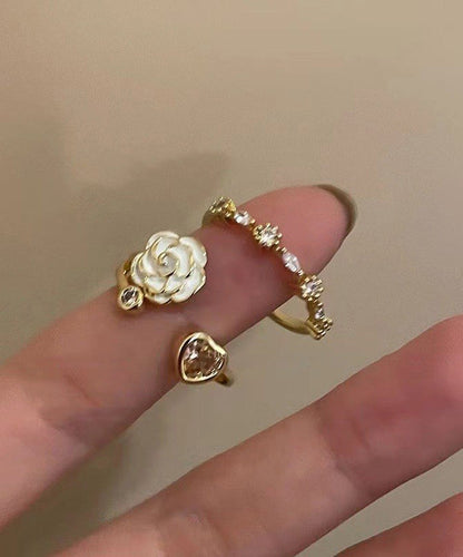 Camellia Heart Ring Womens Design Open Adjustable Finger Two-Piece Set
