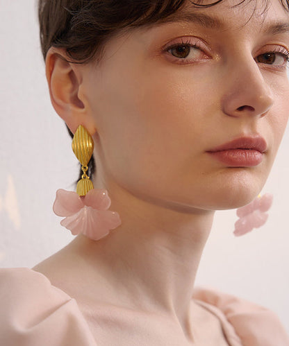 Fine Pink Floral Exaggeration Gold Plated Drop Earrings
