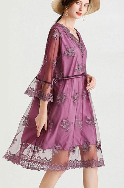Elegant Mulberry V Neck Petal Sleeve Mini Summer Lace Dress