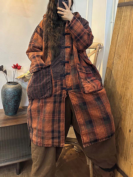 Women Button Plaid Stripe Splicing Casual Hodded Coat