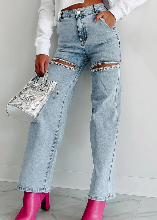 Unique Blue High Waist Pockets Hole Straight Jeans Summer