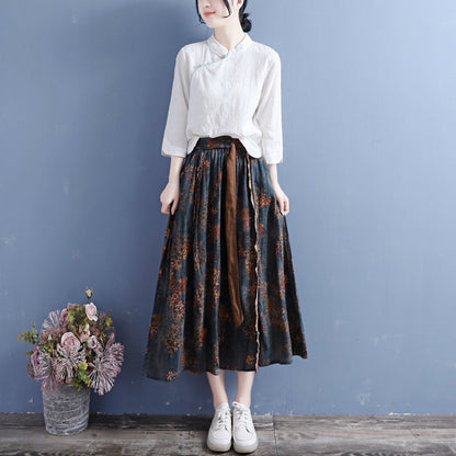 Cozy Vintage Cotton Linen Floral Skirt