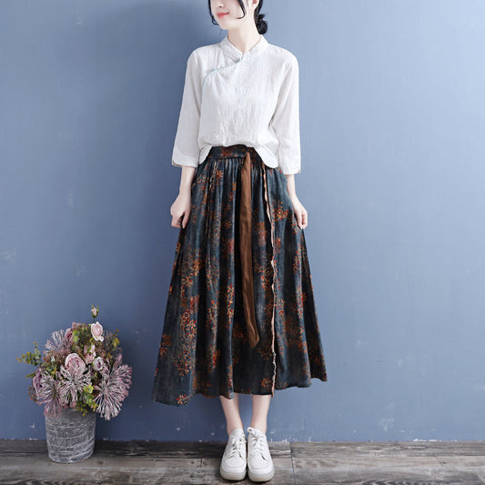 Cozy Vintage Cotton Linen Floral Skirt