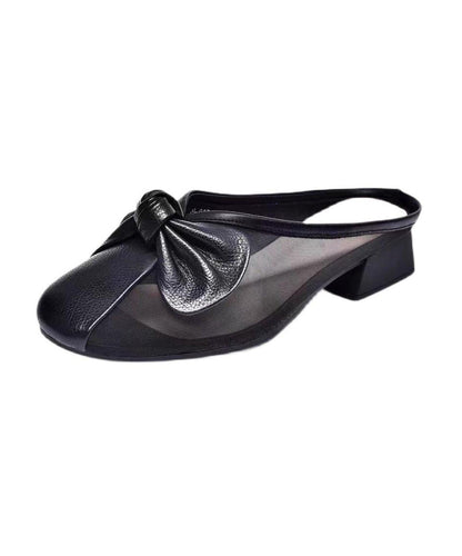 Women Bow Tulle Splicing Chunky Yellow Cowhide Leather Slide Sandals