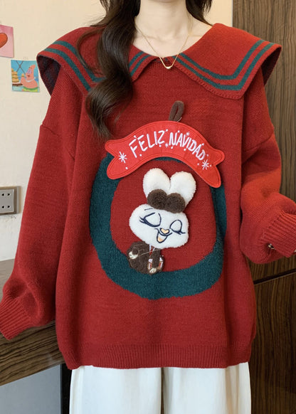 Fashion Mulberry Peter Pan Collar Rabbit Knit Pullover Winter