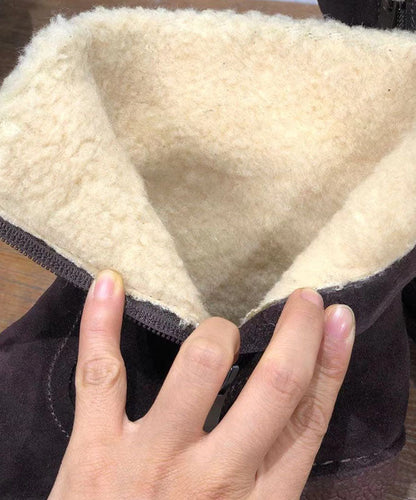 Soft Coffee Cowhide Leather Boots Fuzzy Wool Lined Ankle Boots