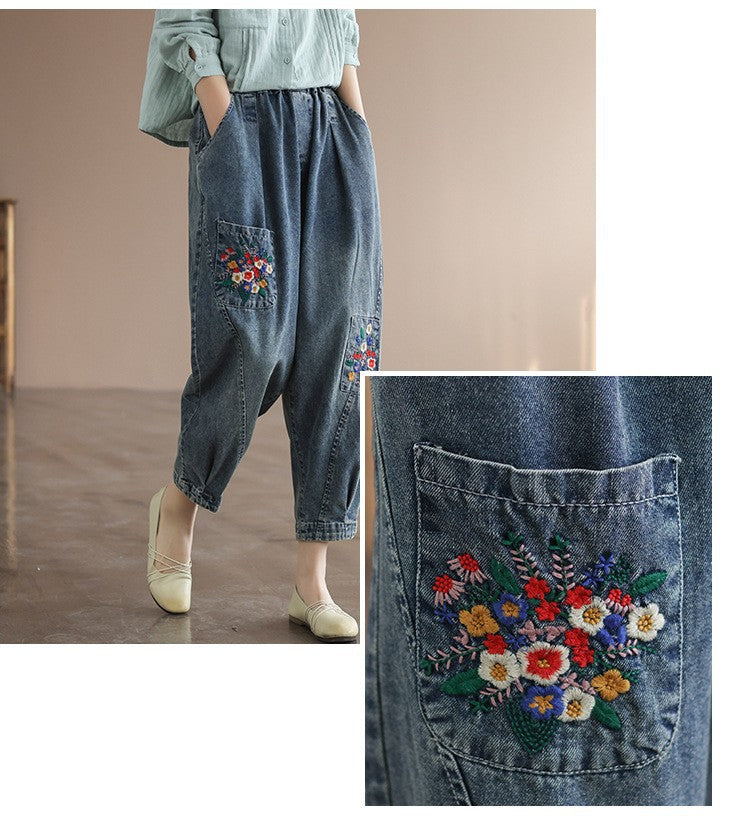 Pocket Embroidery High Waist Literary Retro Nine-point Harem Pants