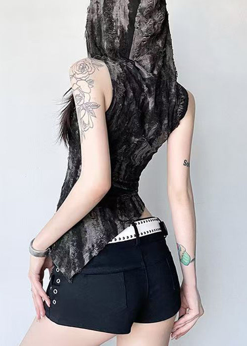 Vintage Black Hooded Original Design Cotton Tank Sleeveless