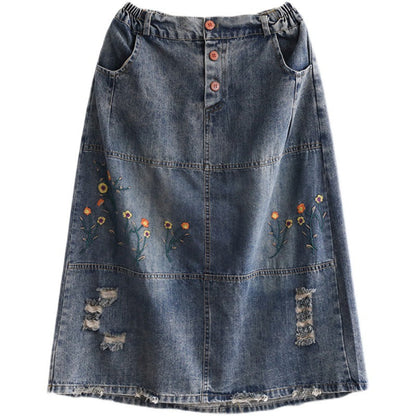 Vintage Denim Shredded Embroidered A-Line Skirt