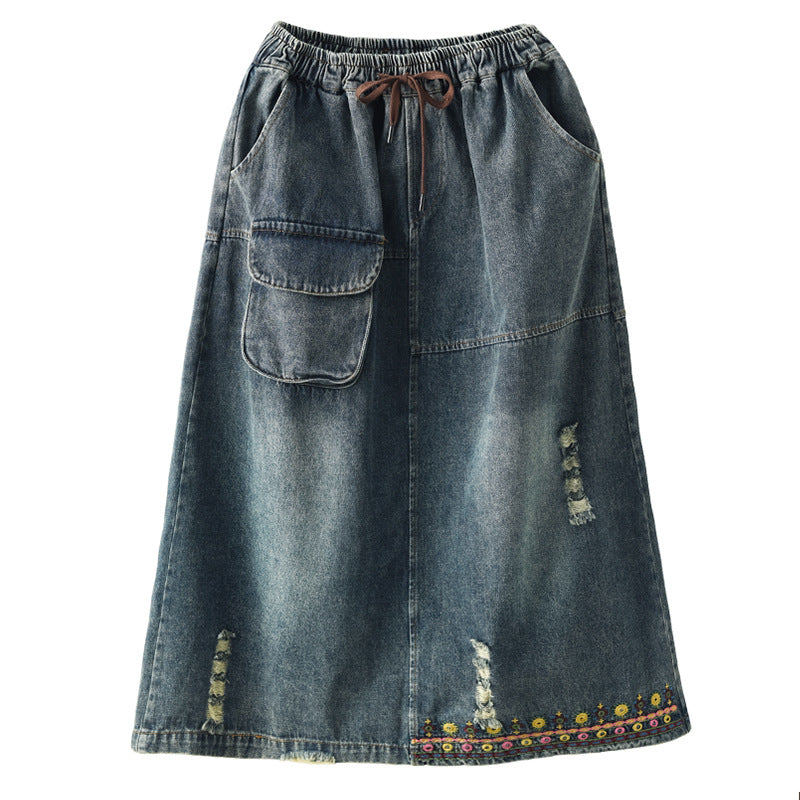 Vintage Embroidered Ripped Denim Slim A-Line Skirt
