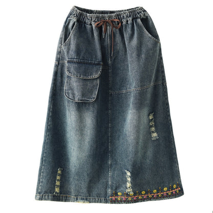 Vintage Embroidered Ripped Denim Slim A-Line Skirt