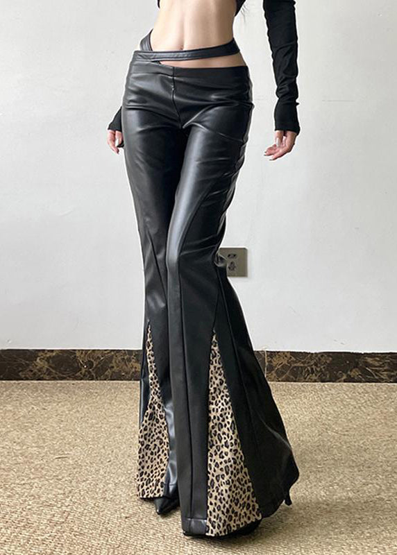 Organic Black Asymmetrical Patchwork Leopard Faux Leather Flare Bottoms Spring