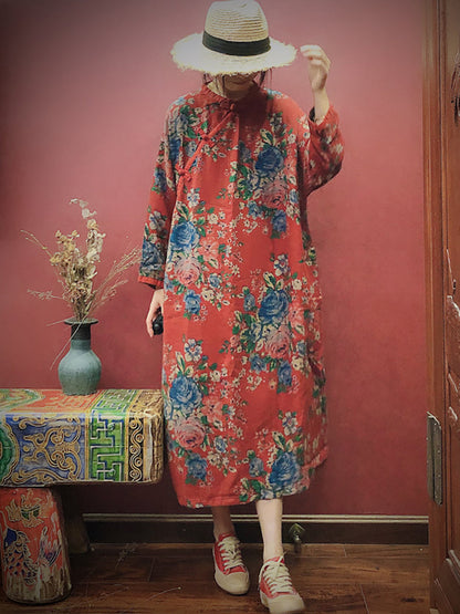 Women Cotton Vintage Print Casual Loose Dress