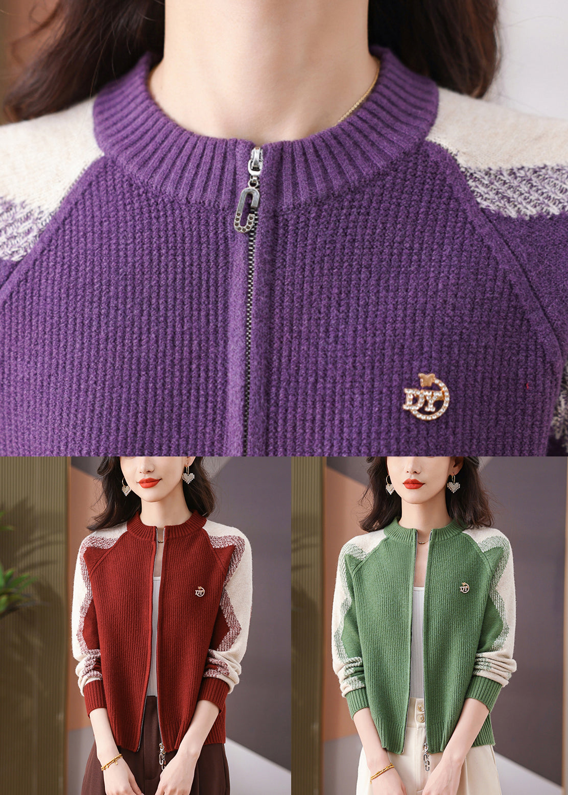 Green Original DesignPatchwork Winter Knit Trench O-Neck