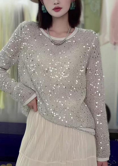 Fashion O-Neck Sequins Hollow Out Knit Top Fall