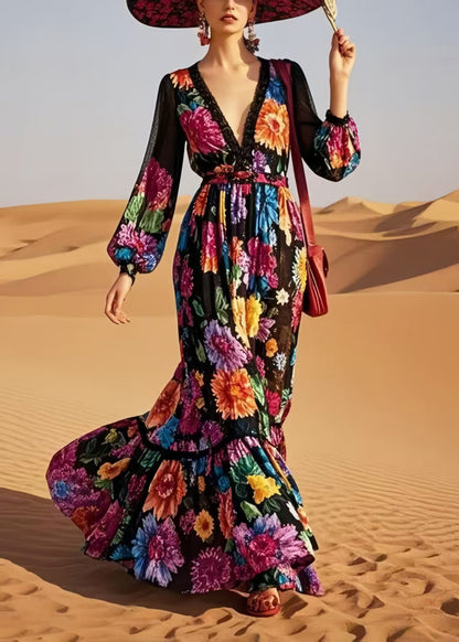 Style Black V Neck Floral Print Cotton Vestidos Dress Spring
