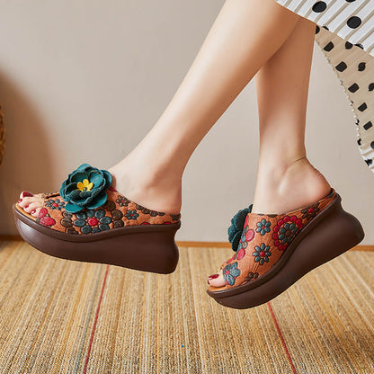 Women 2022 Leather Vintage Wedge Slippers