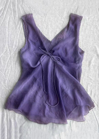 Simple Purple V Neck lace Up Solid Cotton Tank Sleeveless