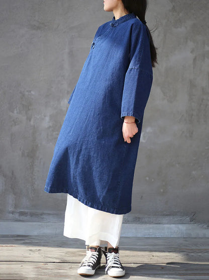 Women Spring Vintage Frog Denim Loose Dress