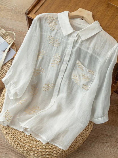 Embroidered 3/4 Sleeve Casual Linen Shirt Top With A Patch Pocket