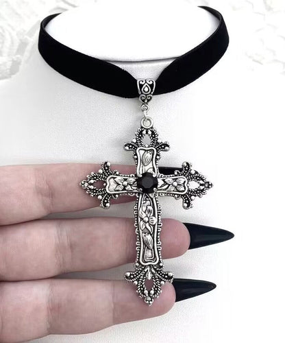 Boho Black Genuine Leather Cross Pendant Necklace
