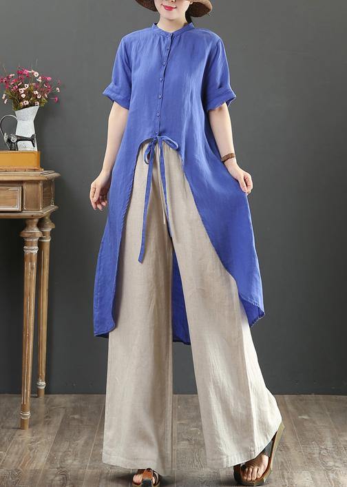 Women blue linen clothes stand collar asymmetric Knee blouses