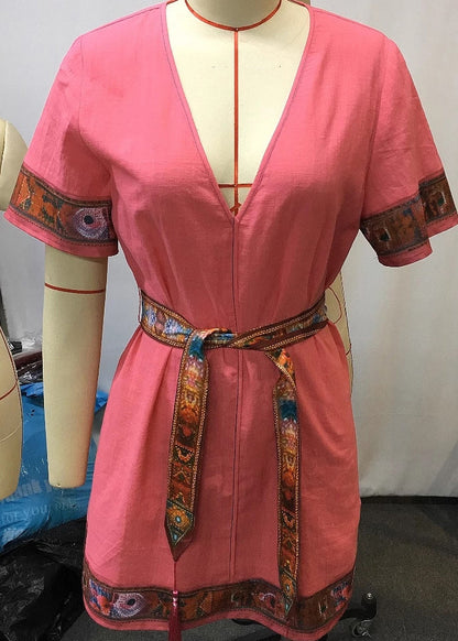 Beautiful-Pink-V-Neck-Lace-Up-Patchwork-Cotton-Mid-Dresses-Summer