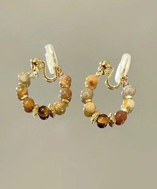 Retro Brown Copper Overgild Tiger's-Eye Broken Hoop Earrings