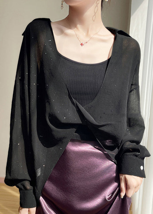 Plus Size Black Peter Pan Collar Solid Chiffon Blouses Fall