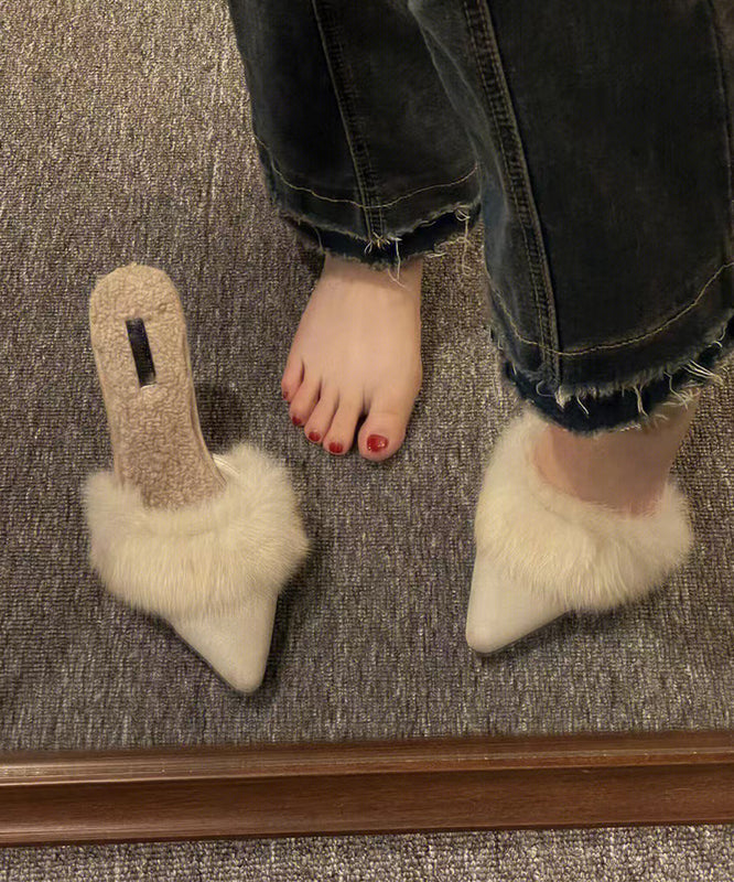 2025 New Pink High Heels Slippers Pointed Toe Fuzzy Wool Lined