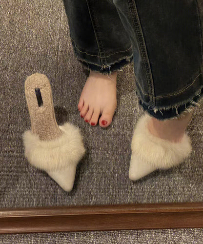 2025 New Pink High Heels Slippers Pointed Toe Fuzzy Wool Lined