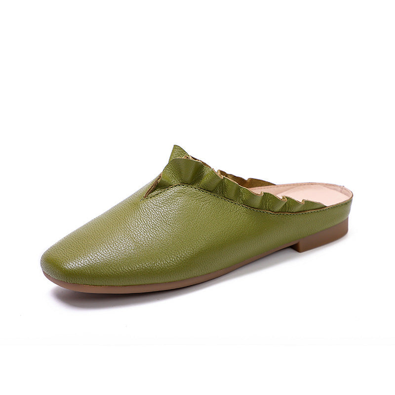 Women Summer Vintage Leather Ruffle Trim Casual Slippers