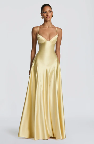Yellow Satin V-Neck Spaghetti Strap Lace-Up Back A-Line Evening Gown