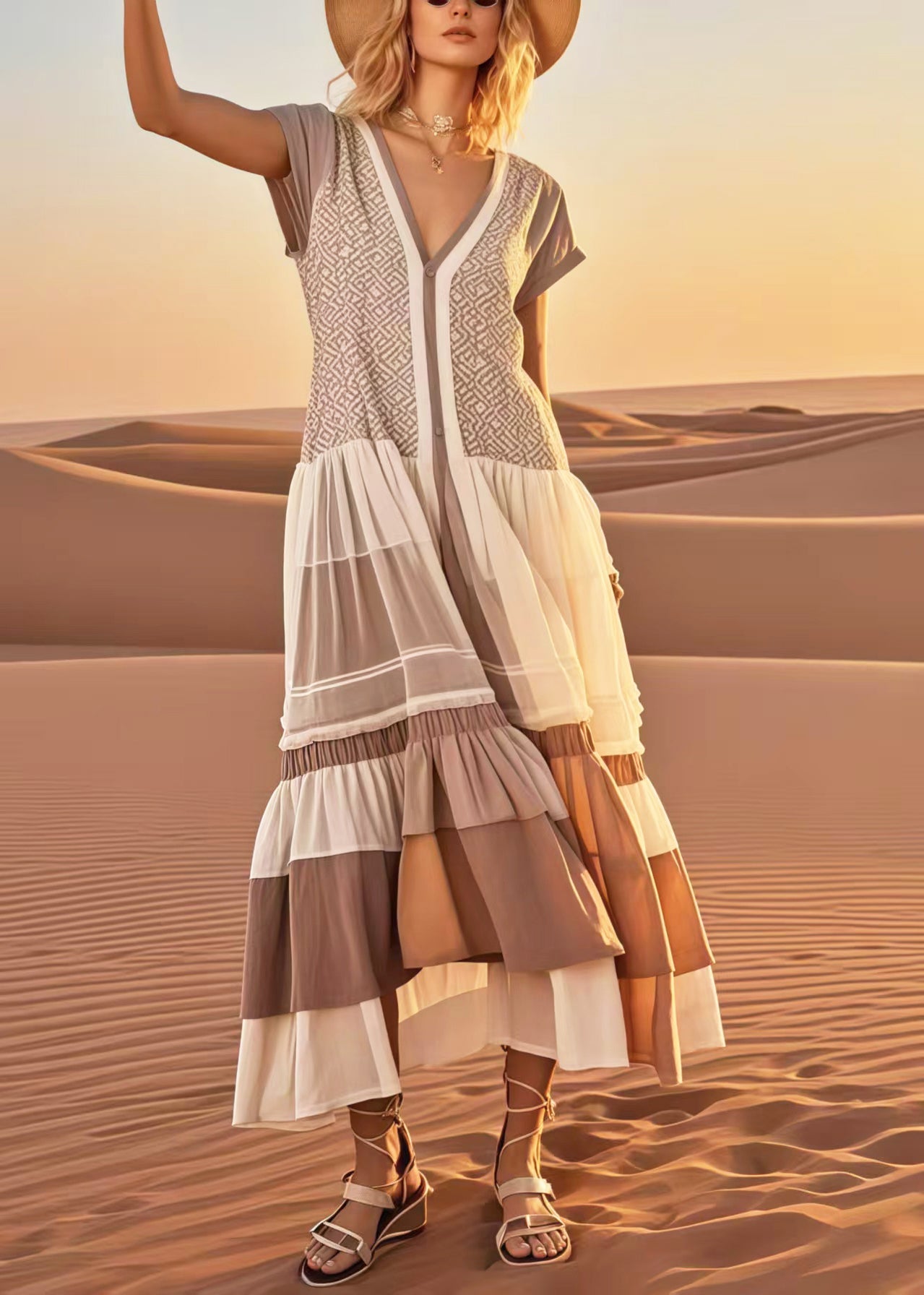 Elegant Khaki Print Patchwork Cotton Vacation Dresses Summer