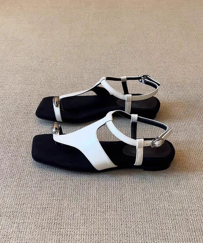 Fashion Black Faux Leather Flip Flops Flat Sandals Splicing