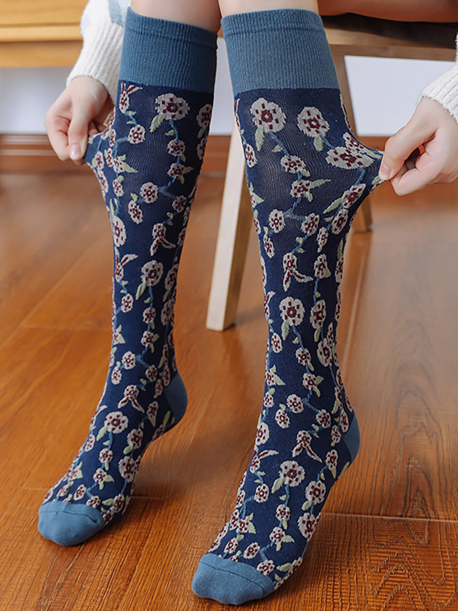 4 Pairs Cotton Vintage Floral Women Long Socks